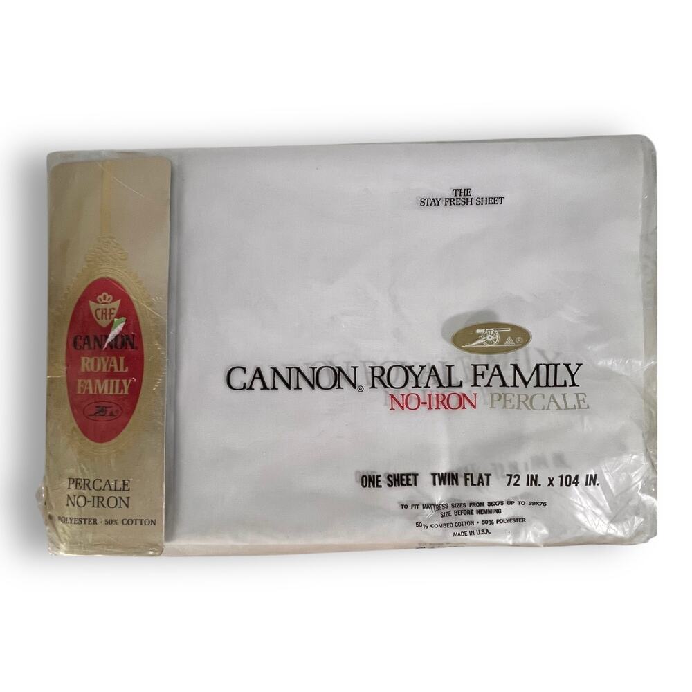 Vintage Cannon Royal Family Twin Flat Sheet White Percale USA 72x104 1970s